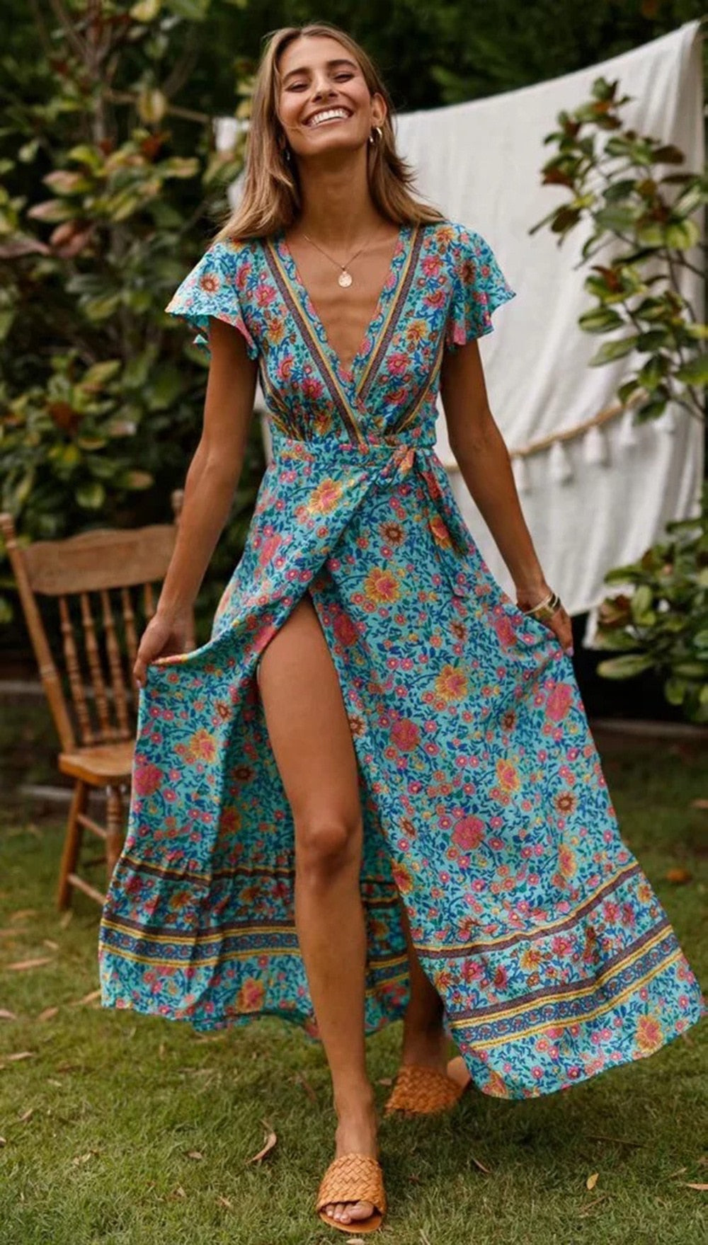 Vintage chic vestidos women Floral print bat sleeve beach long Bohemian maxi dress Ladies sexy V neck  Summer Boho happie  dress