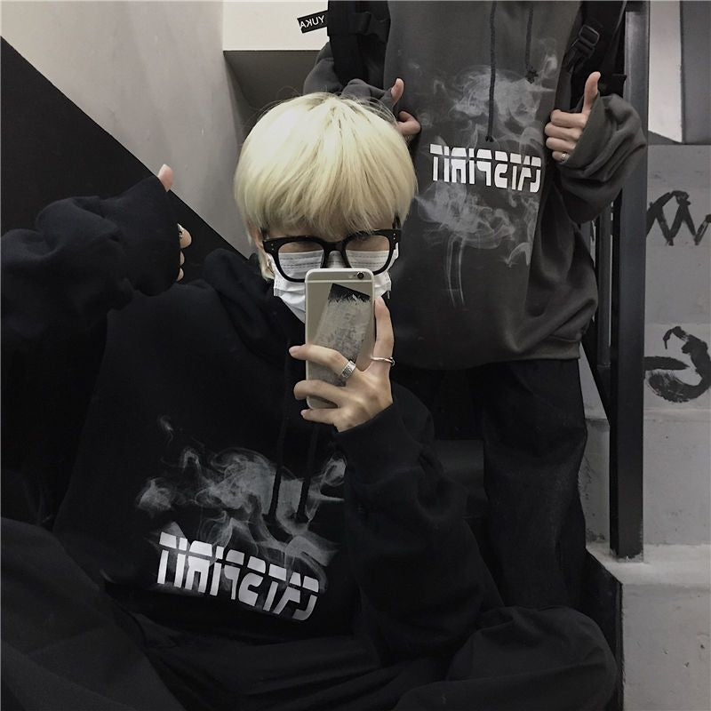 mvrsgreen alt black girl going out classic style women edgy style church outfit brunch outfit cute spring outfits Hooded Autumn Winter Korean Version Ins Dark Printing Loose Lazy Style Plus Velvet Long-sleeved Sweater Academy Couple Tide