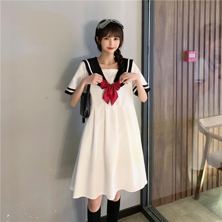 lovwvol Harajuku Sailor Collar Navy Dress Japanese Lolita Sweet Bow-knot Girl Retro Cotton Kawaii Preppy Style Short Sleeve Dress Women