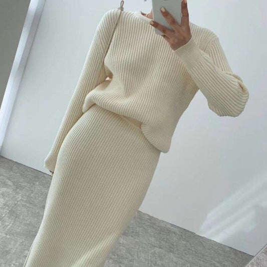 mvrsgreen alt black girl  going out Winter 2 Piece Dress Set Women Elegant Knitted Suits Sweater Korean Style Solid Pullover + Casual Midi Dress Tracksuits