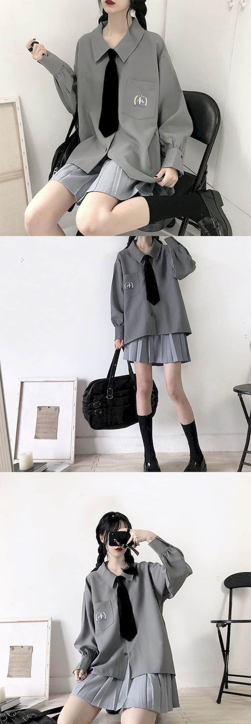 mvrsgreen alt black girl going out?classic style women edgy style church outfit brunch outfit cute spring outfitsShort Skirt Suit Women Spring  New Korean Preppy Style Casual Loose Printed Shirt With Tie + Pleated Skirt Two-piece Sets