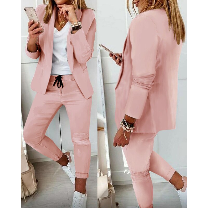 mvrsgreen Valentine's Day Office Lady Black Solid Lapel Neck Blazer Coat Jacket & Drawstring Ankle Length Pants 2 Piece Set Women Autumn Winter Clothes