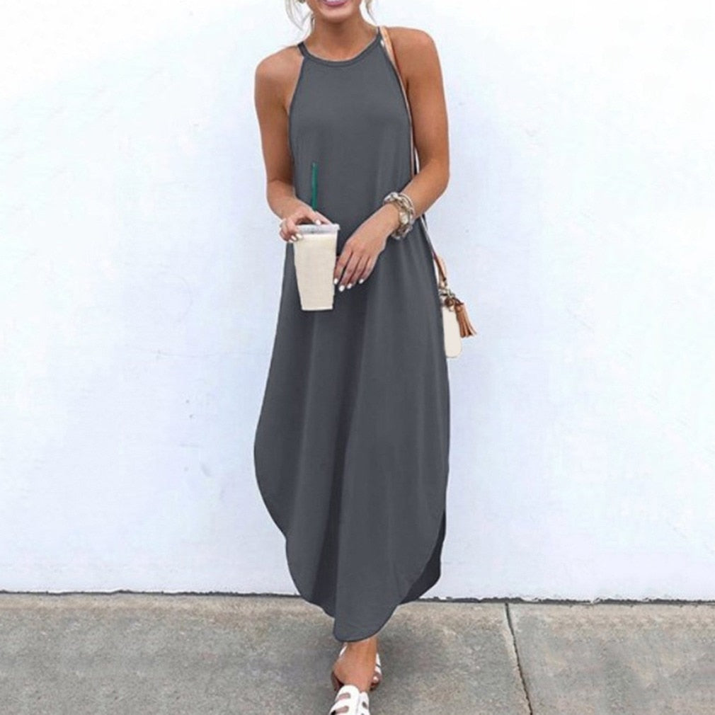 Women Dress Summer Casual Sleeveless Halter Solid Beach Long Dress Round Neck Sling Fashion Beach Clothes Plus Size 5XL