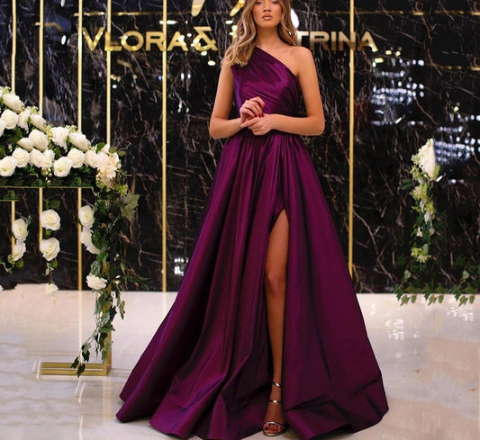 mvrsgreen alt black girl going out classic style women edgy style church outfit brunch outfit cute spring outfits prom dresses tutu Elegant Purple Long Evening Dresses One Shoulder Satin Side Slit Maix Prom Gowns Simple Formal Occasion Party Dress