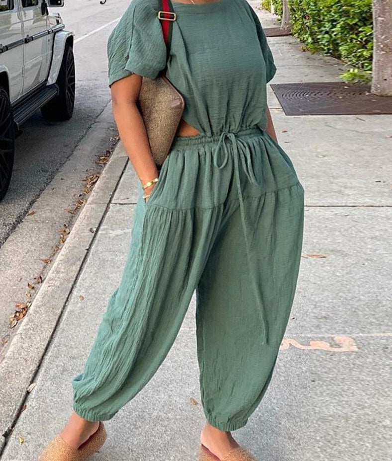 mvrsgreen alt black girl going out?classic style women edgy style church outfit brunch outfit cute spring outfits Women Short Sleeve Top and Pocket Design Drawstring Harem Pants 2pcs Set