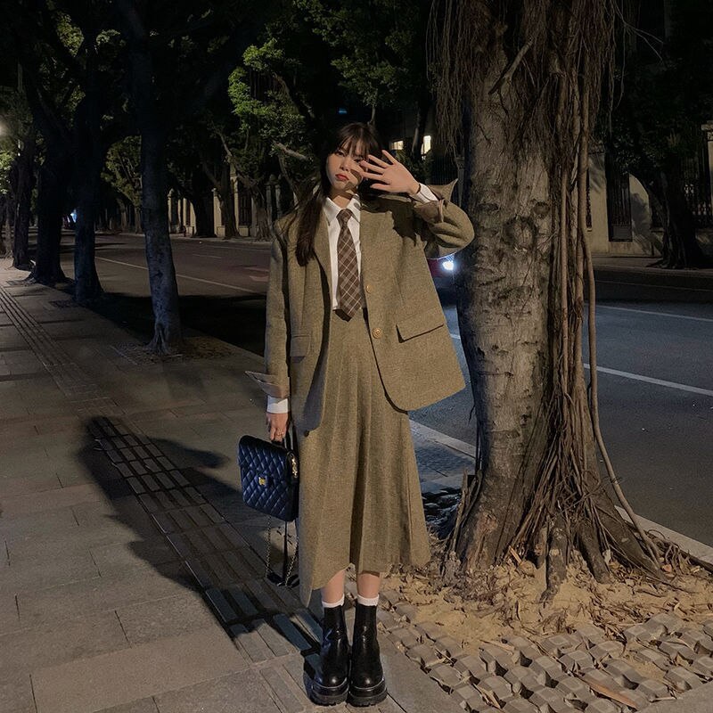 mvrsgreen alt black girl  going out Japanese woolen blazer suit sets women autumn winter coffee coat pleated skirt soft girl preppy Anime high school JK uniforms