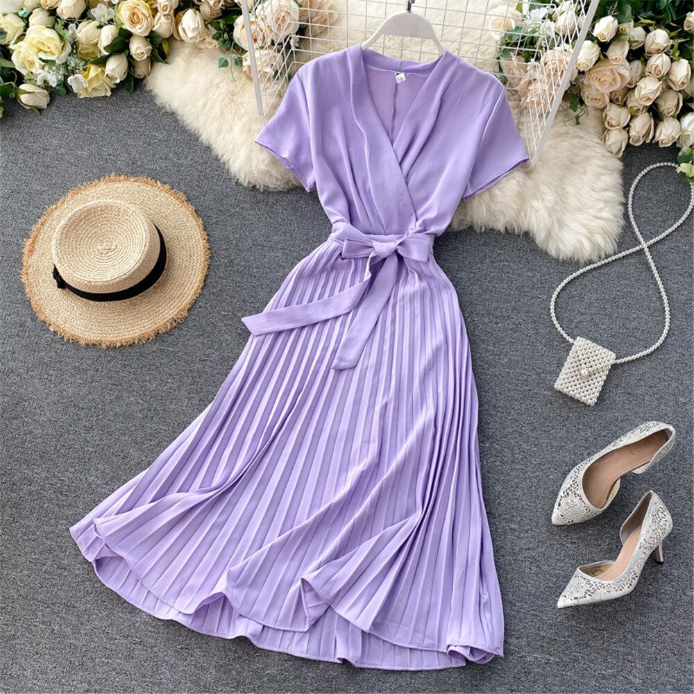 Autumn Fashion New Female Solid Pleated Dress Women V neck Short Sleeves Sashes Long Dresses Summer Streetwear Vintage