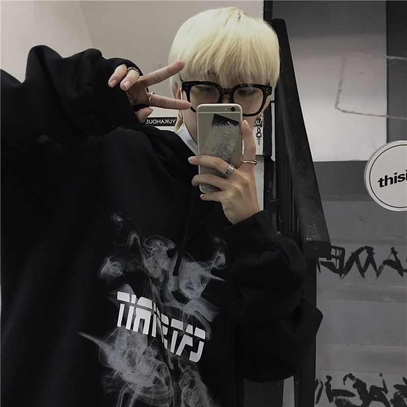 mvrsgreen alt black girl going out classic style women edgy style church outfit brunch outfit cute spring outfits Hooded Autumn Winter Korean Version Ins Dark Printing Loose Lazy Style Plus Velvet Long-sleeved Sweater Academy Couple Tide