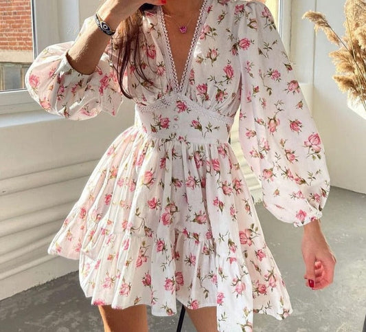 mvrsgreen alt black girl going out classic style women edgy style church outfit brunch outfit cute spring outfitsValentine's Day Women  Floral V neck Puff Sleeve Lace Sweet Short  Dress