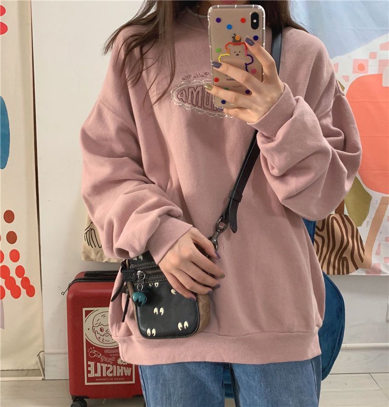 mvrsgreen alt black girl going out classic style women edgy style church outfit brunch outfit cute spring outfits Vintage shirts for women autumn winter Korean retro loose meat pink double collar letter embroidery plus velvet thick sweatshirt