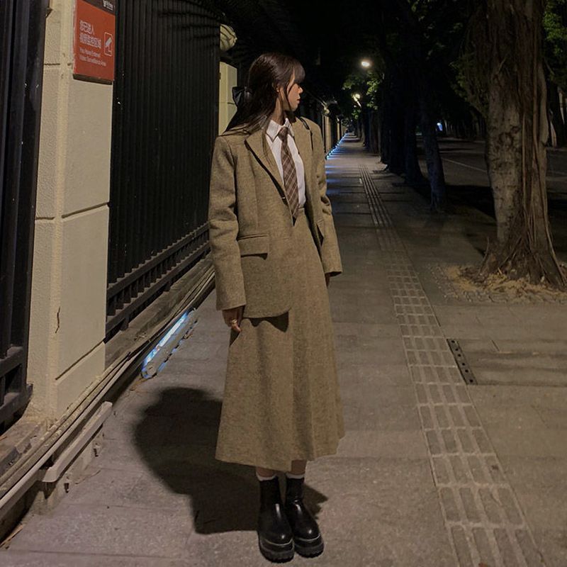 mvrsgreen alt black girl  going out Japanese woolen blazer suit sets women autumn winter coffee coat pleated skirt soft girl preppy Anime high school JK uniforms