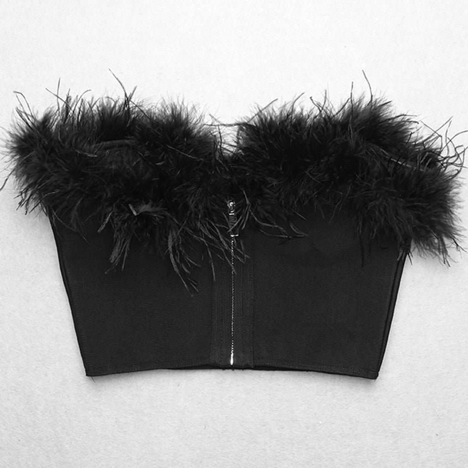 mvrsgreen alt black girl going out classic style women edgy style church outfit brunch outfit cute spring outfits New Summer High Quality Fashion Feather Strapless Black And White Bandage Top Night Club Short Top