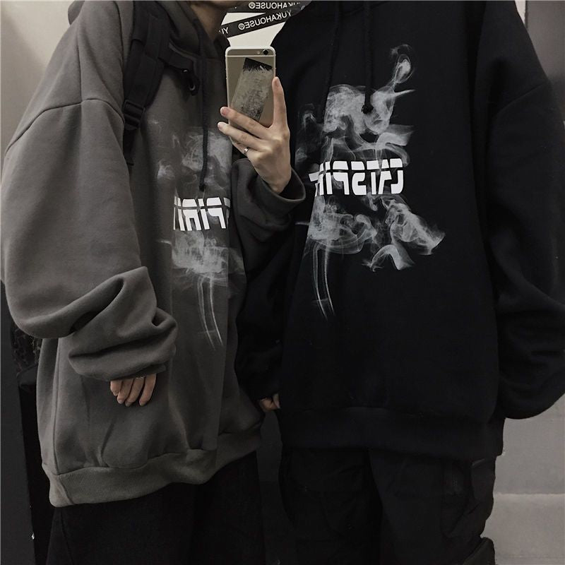 mvrsgreen alt black girl going out classic style women edgy style church outfit brunch outfit cute spring outfits Hooded Autumn Winter Korean Version Ins Dark Printing Loose Lazy Style Plus Velvet Long-sleeved Sweater Academy Couple Tide