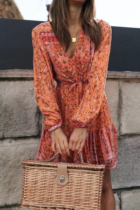 mvrsgreen alt black girl going out classic style women edgy style church outfit brunch outfit cute spring outfitsBohemia V neck Location Floral Print BOHO Long Sleeve Short Dress Orange Woman Adjustable Lacing up Waist Holiday Dresses