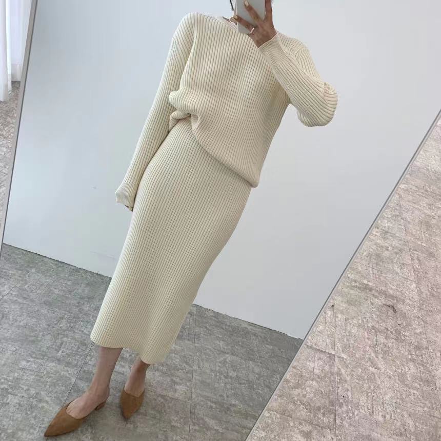 mvrsgreen alt black girl  going out Winter 2 Piece Dress Set Women Elegant Knitted Suits Sweater Korean Style Solid Pullover + Casual Midi Dress Tracksuits