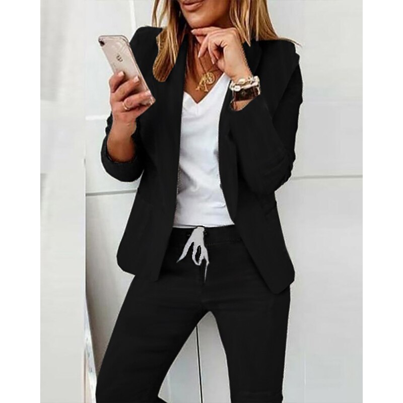 mvrsgreen Valentine's Day Office Lady Black Solid Lapel Neck Blazer Coat Jacket & Drawstring Ankle Length Pants 2 Piece Set Women Autumn Winter Clothes