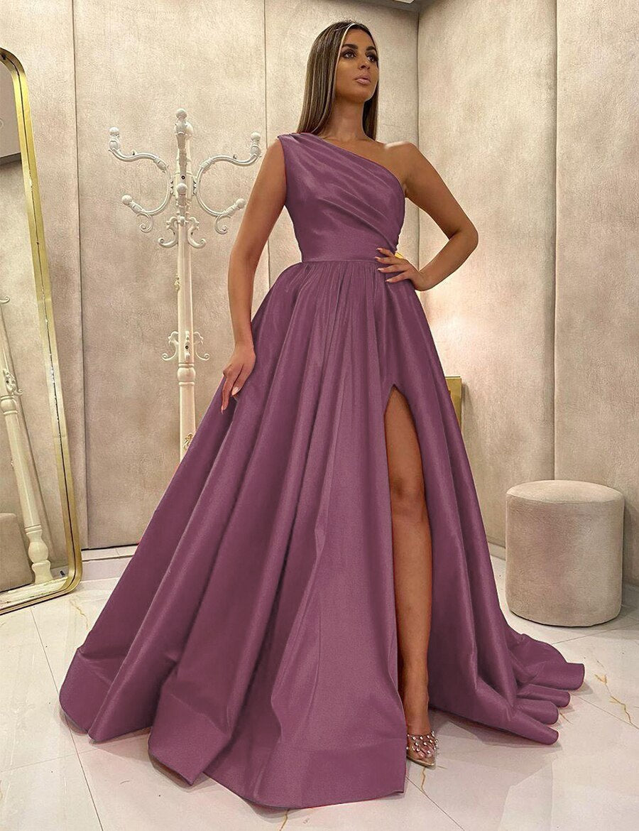 mvrsgreen alt black girl going out classic style women edgy style church outfit brunch outfit cute spring outfits prom dresses tutu Elegant Purple Long Evening Dresses One Shoulder Satin Side Slit Maix Prom Gowns Simple Formal Occasion Party Dress