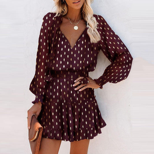 mvrsgreen Casual Dot Printed Women Long Sleeve Ruffle Dress Elegant V Neck Ladies Spring Mini Dress Female