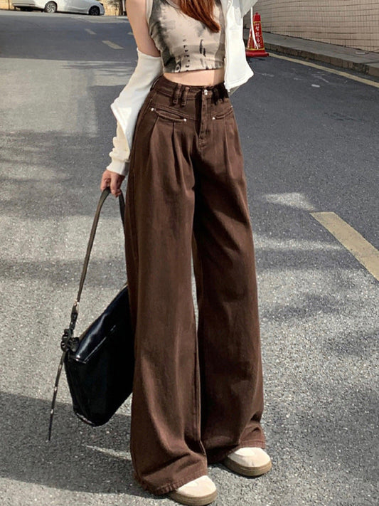 mvrsgreen women’s fall fashion  Creamy-white Jeans Women's Spring and Autumn  New High Waist Slimming Narrow Wide Leg Pants Loose Straight Mop Pants