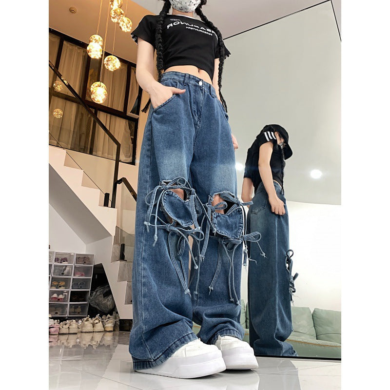 mvrsgreen 2000s fashion Jeans Women's Spring Dopamine Wear Retro Personality Love Strap Design Sense Wide Leg Straight Long Pants