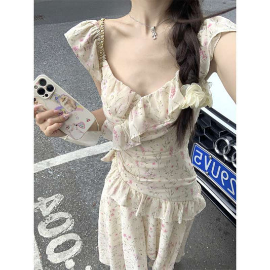 mvrsgreen cherry blossom dress to impress Summer New Mori Student Fresh Floral Irregular Suspender Skirt Temperament Slimming Inner Wear Dress Women