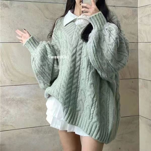 mvrsgreen college outfits Lazy Style Retro Thickened V-neck Loose Gray Twist Sweater Female Students Autumn and Winter Korean Style All-Match Sweater Fashion