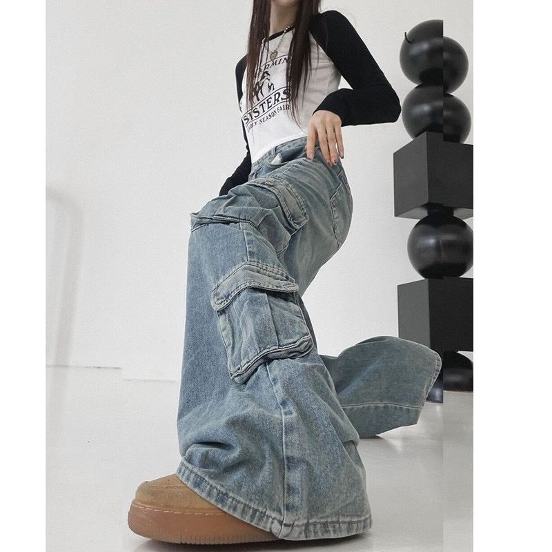 mvrsgreen 90s streetwear High Street Retro Multi-Pocket Workwear Jeans for Women Spring and Autumn New Versatile Loose Straight Mop Casual Trousers Fashion