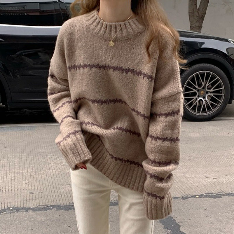 mvrsgreen outfit ideas for school Retro Japanese Style Lazy Loose Sweater Women's Thickened Autumn and Winter  New Long Sleeve Striped Half Turtleneck Sweater