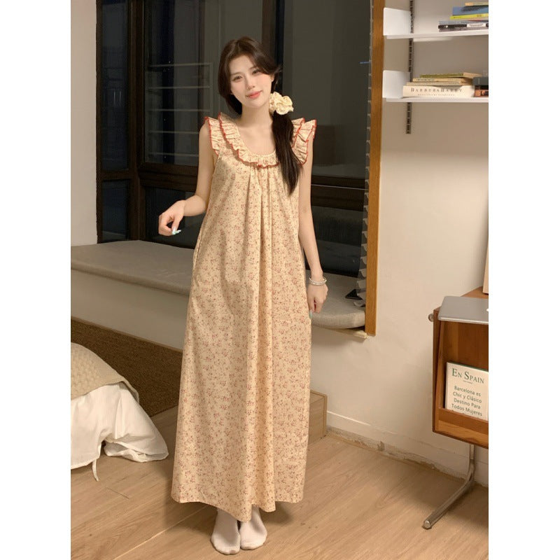 mvrsgreen alice in wonderland costume Korean Style Retro Floral Cotton Ruffled Strap Backless Pajamas Home Wear Nightdress for Women Summer New