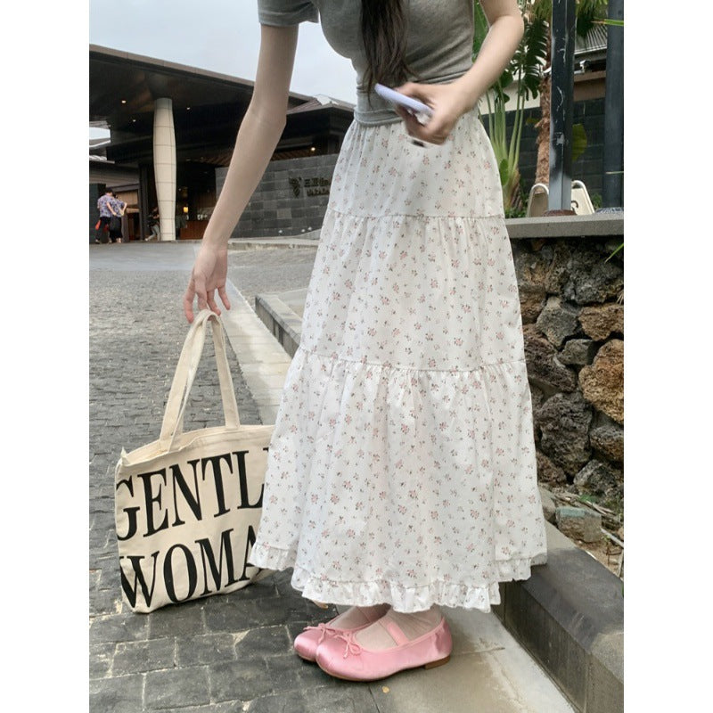 mvrsgreen 90s fashion Sweet Floral Wooden Ear Cake Skirt Women's Summer Skirt Slimming High Waist A- line Skirt Mid-Length Umbrella Skirt