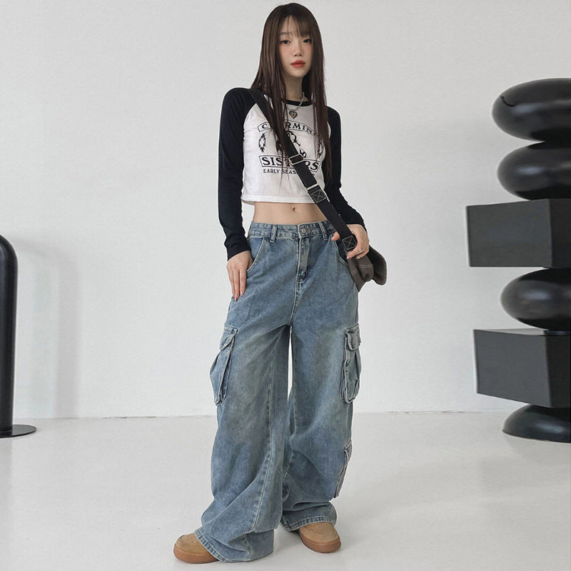 mvrsgreen 90s streetwear High Street Retro Multi-Pocket Workwear Jeans for Women Spring and Autumn New Versatile Loose Straight Mop Casual Trousers Fashion