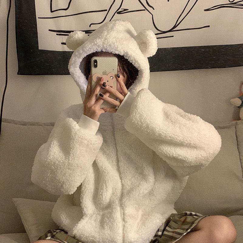 mvrsgreen comfy school outfits Winter Thickened Cute Bear Ears Imitation Lamb Fur Age-Reducing Zipper Long Sleeve Hooded Sweater Coat Female Student Fashion