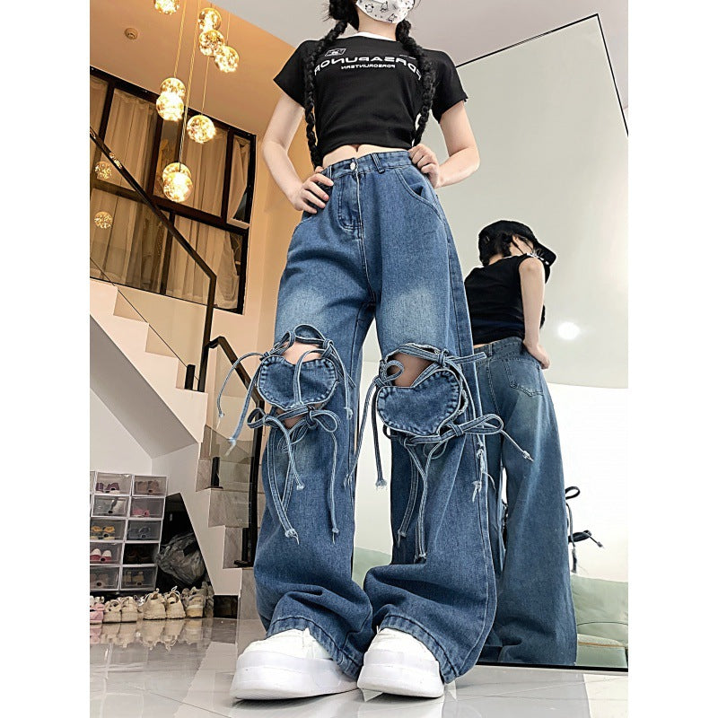 mvrsgreen 2000s fashion Jeans Women's Spring Dopamine Wear Retro Personality Love Strap Design Sense Wide Leg Straight Long Pants