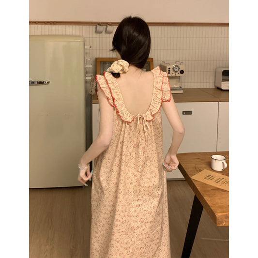 mvrsgreen alice in wonderland costume Korean Style Retro Floral Cotton Ruffled Strap Backless Pajamas Home Wear Nightdress for Women Summer New