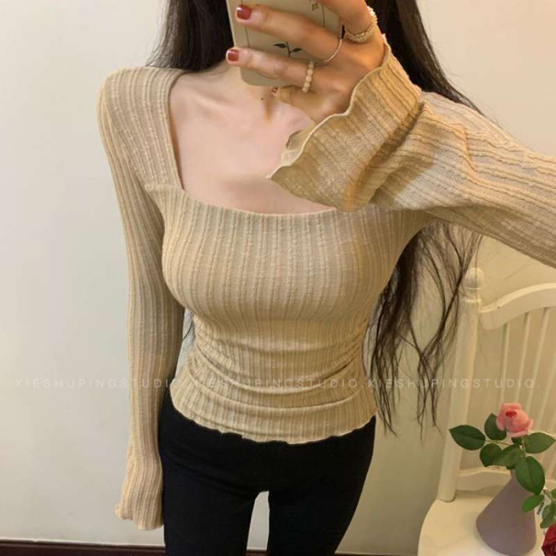 mvrsgreen college outfits Homemade Autumn and Winter Gentle Style Square Collar Slim Fit Western Style Slimming Lace Bell Sleeve Long Sleeve Top