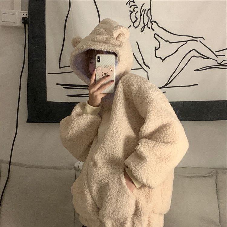 mvrsgreen comfy school outfits Winter Thickened Cute Bear Ears Imitation Lamb Fur Age-Reducing Zipper Long Sleeve Hooded Sweater Coat Female Student Fashion