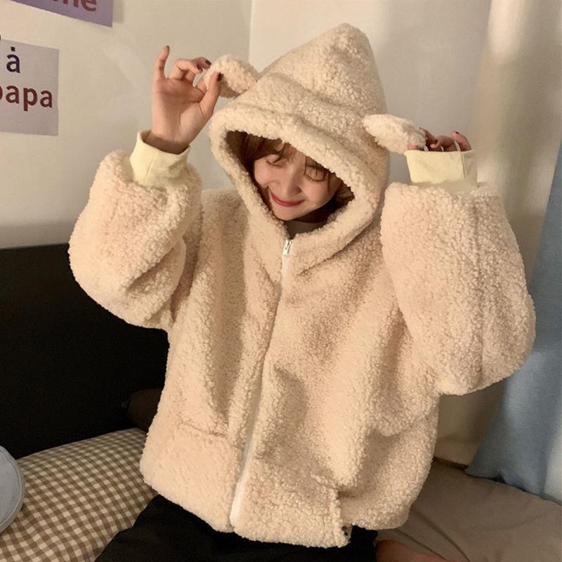 mvrsgreen comfy school outfits Winter Thickened Cute Bear Ears Imitation Lamb Fur Age-Reducing Zipper Long Sleeve Hooded Sweater Coat Female Student Fashion