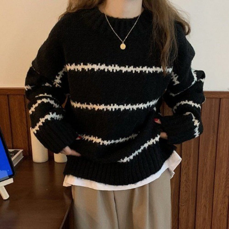 mvrsgreen outfit ideas for school Retro Japanese Style Lazy Loose Sweater Women's Thickened Autumn and Winter  New Long Sleeve Striped Half Turtleneck Sweater