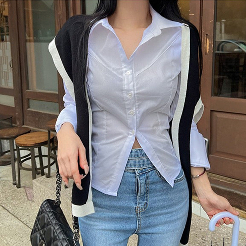 mvrsgreen buisnesscore outfit women Elegant Gray Shirt Women's Button Cardigan Regular Slim Slimming Casual Top Spring and Autumn New