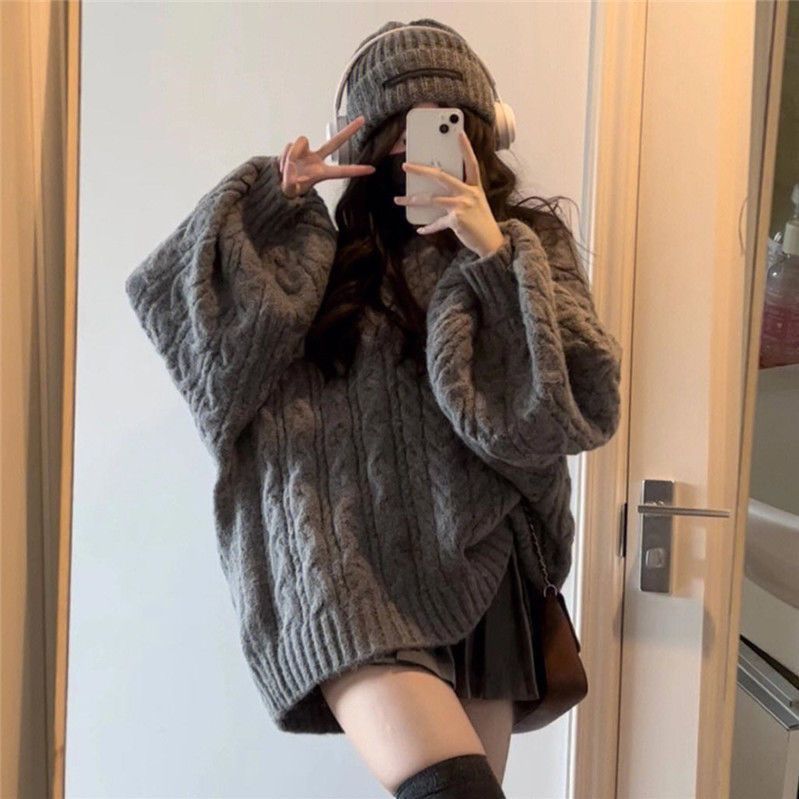 mvrsgreen college outfits Lazy Style Retro Thickened V-neck Loose Gray Twist Sweater Female Students Autumn and Winter Korean Style All-Match Sweater Fashion