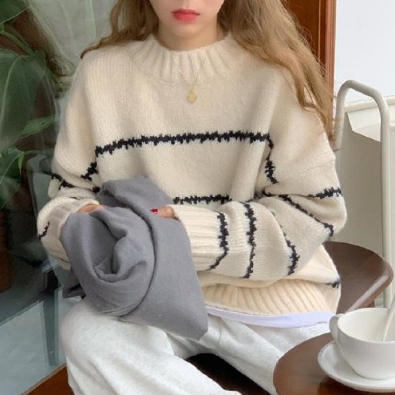 mvrsgreen outfit ideas for school Retro Japanese Style Lazy Loose Sweater Women's Thickened Autumn and Winter  New Long Sleeve Striped Half Turtleneck Sweater