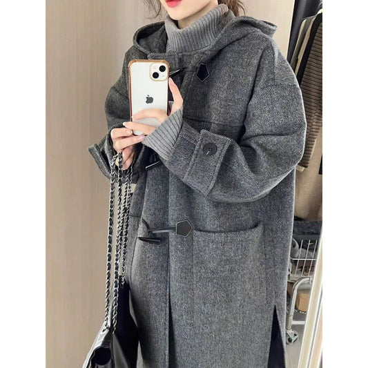 mvrsgreen skater boy outfits Korean Style High-Grade Gray Horn Buckle Hooded Woolen Coat Mid-Length Autumn and Winter Loose Temperament Coat for Women