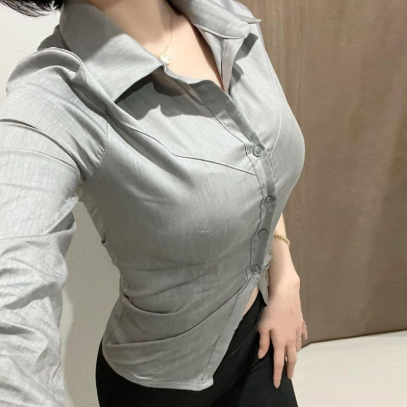 mvrsgreen buisnesscore outfit women Elegant Gray Shirt Women's Button Cardigan Regular Slim Slimming Casual Top Spring and Autumn New