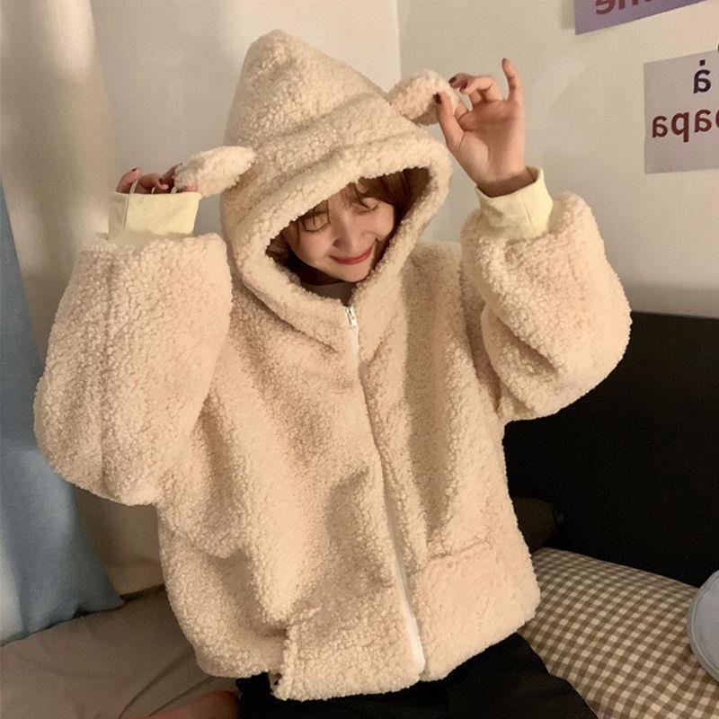 mvrsgreen comfy school outfits Winter Thickened Cute Bear Ears Imitation Lamb Fur Age-Reducing Zipper Long Sleeve Hooded Sweater Coat Female Student Fashion