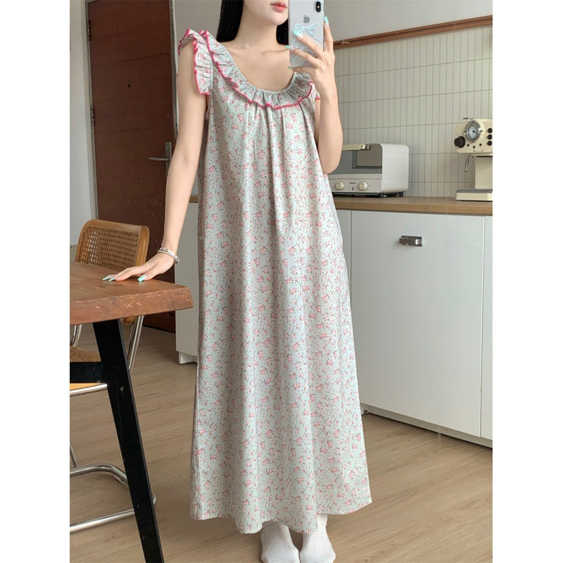 mvrsgreen alice in wonderland costume Korean Style Retro Floral Cotton Ruffled Strap Backless Pajamas Home Wear Nightdress for Women Summer New