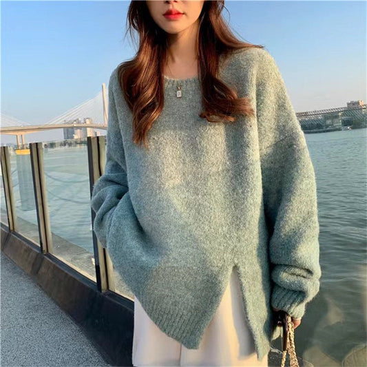 mvrsgreen fall outfits aesthetic Lazy Style round Neck Split Autumn and Winter New Soft Nuo Sweater Simple Loose All-Match Outer Sweater Women's Clothing