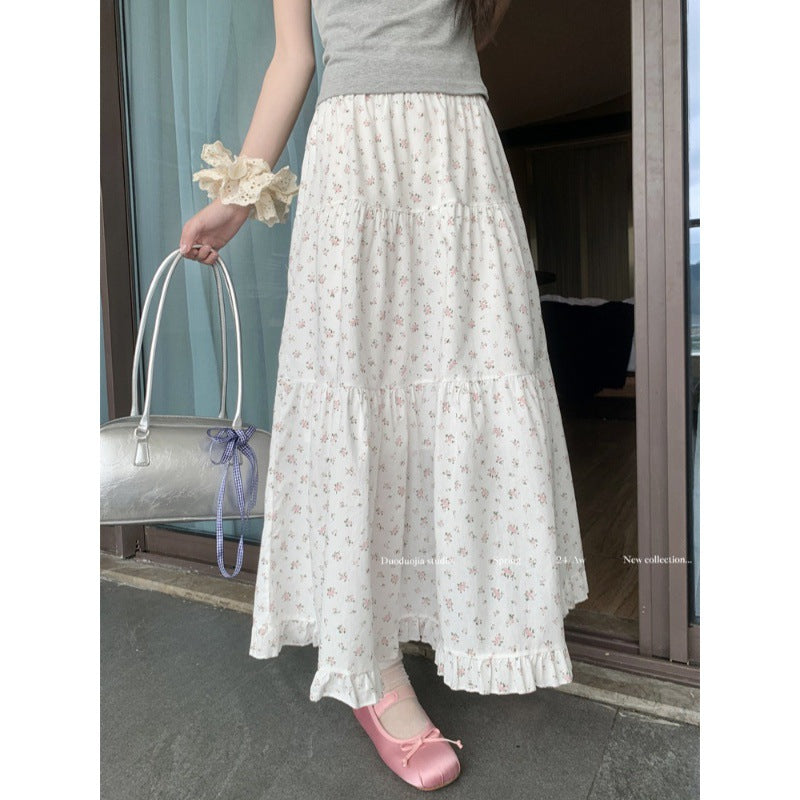 mvrsgreen 90s fashion Sweet Floral Wooden Ear Cake Skirt Women's Summer Skirt Slimming High Waist A- line Skirt Mid-Length Umbrella Skirt