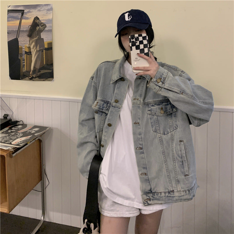 mvrsgreen boy outfits Lazy Style Denim Coat for Women Spring and Autumn New Retro Western Style Simple Loose All-Match Light Blue Top Fashion