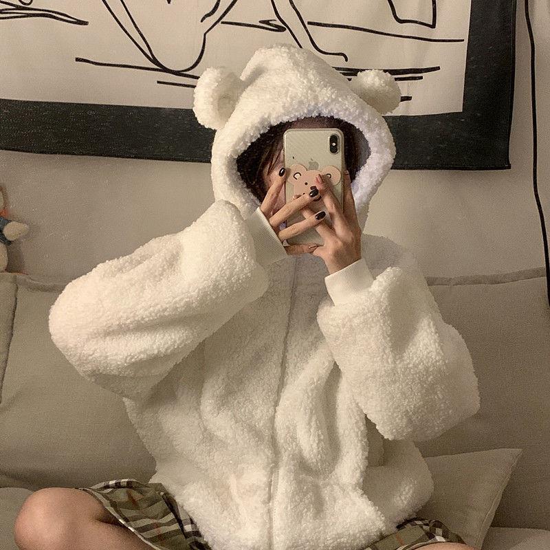 mvrsgreen comfy school outfits Winter Thickened Cute Bear Ears Imitation Lamb Fur Age-Reducing Zipper Long Sleeve Hooded Sweater Coat Female Student Fashion