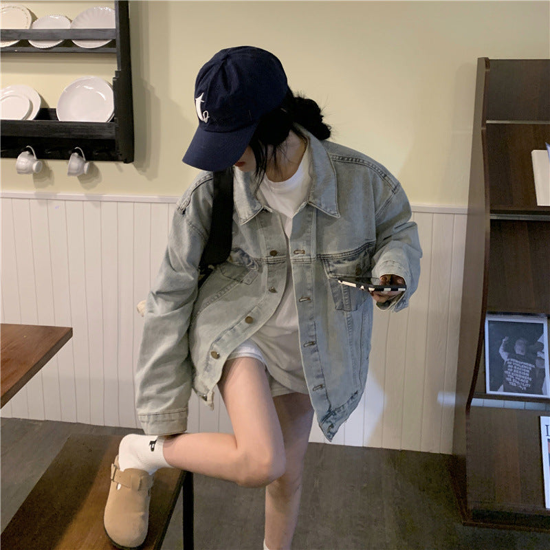 mvrsgreen boy outfits Lazy Style Denim Coat for Women Spring and Autumn New Retro Western Style Simple Loose All-Match Light Blue Top Fashion